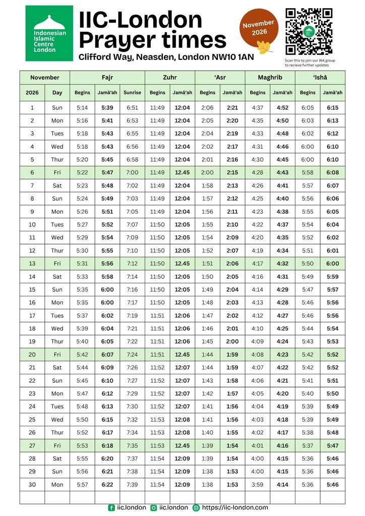 IIC London prayer timetable for November 2026, showing daily start and congregation times for Fajr, Zuhr, Asr, Maghrib and Isha, plus sunrise times.